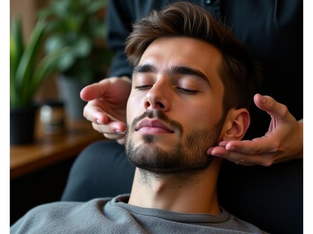Close-up of a man's face receiving a refreshing natural product application in a barbershop, showcasing healthy skin and hair.